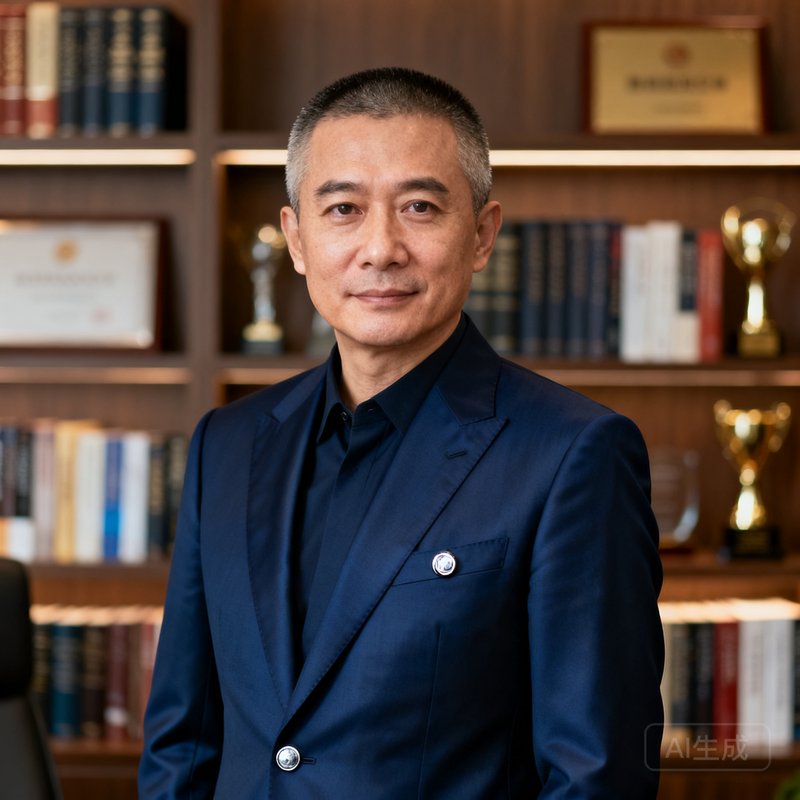 AG贵宾会集团创始人兼CEO陈启航的职业肖像照，四十岁出头的男性，留着干练的短发，眼神坚定而温和，身着深蓝色定制西装搭配简约的银色袖扣，背景是集团总部的书架